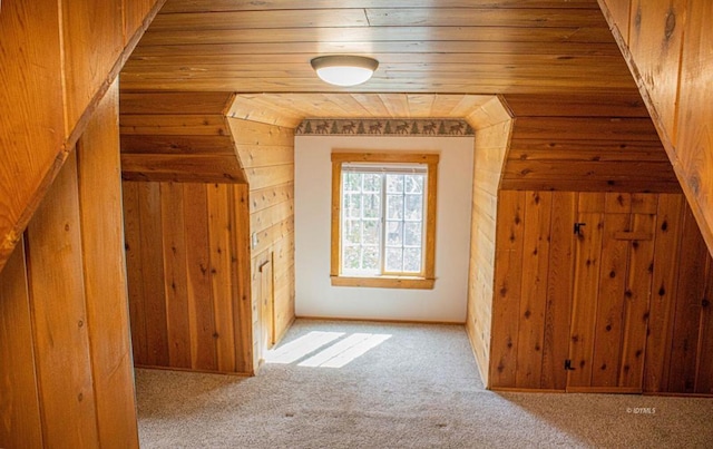 additional living space featuring carpet flooring, wooden ceiling, and wood walls