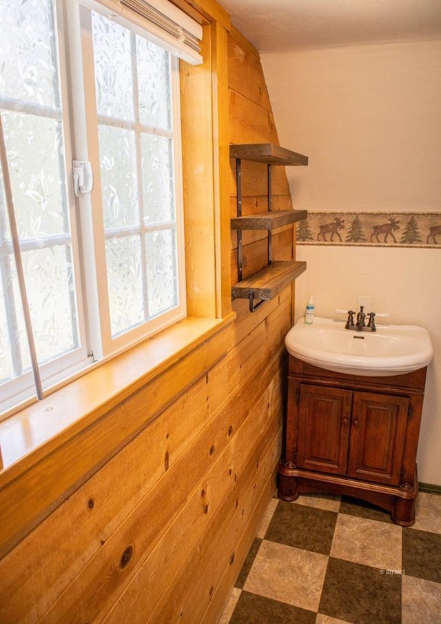 bathroom featuring sink and wooden walls