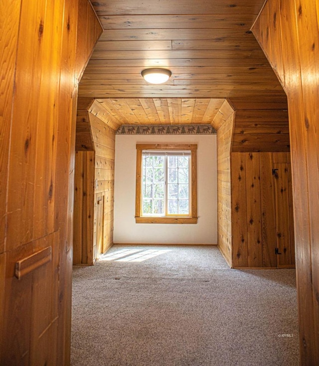 additional living space featuring wooden walls, carpet, and wood ceiling