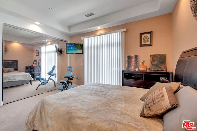 bedroom featuring a raised ceiling and carpet floors