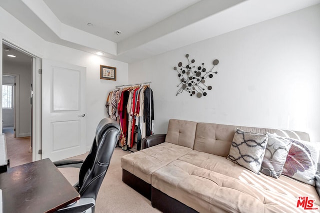 carpeted office featuring a raised ceiling