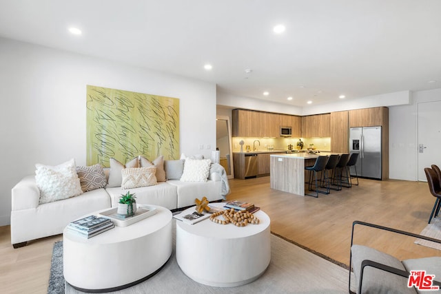 living room featuring light hardwood / wood-style floors and sink