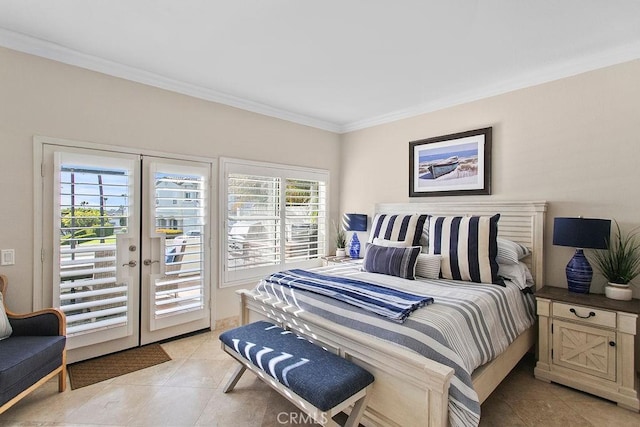 bedroom with access to exterior, light tile patterned floors, crown molding, and french doors