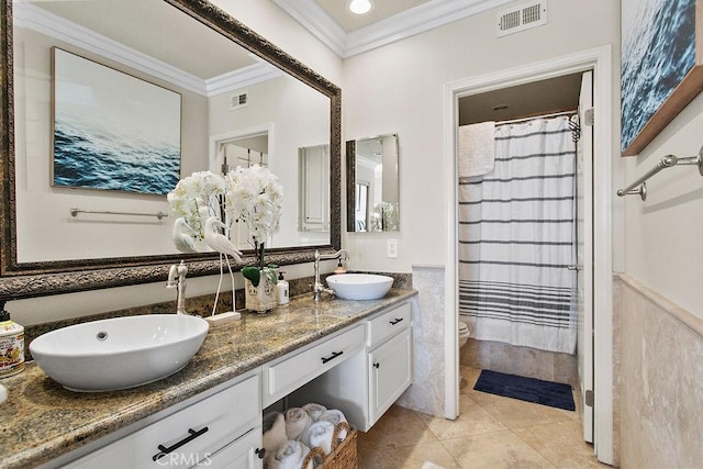 bathroom featuring ornamental molding, tile patterned floors, toilet, vanity, and a shower with shower curtain