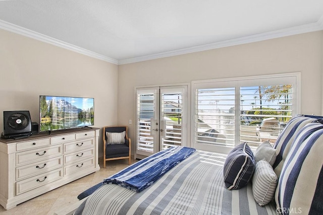 bedroom featuring access to exterior, french doors, light tile patterned flooring, and ornamental molding