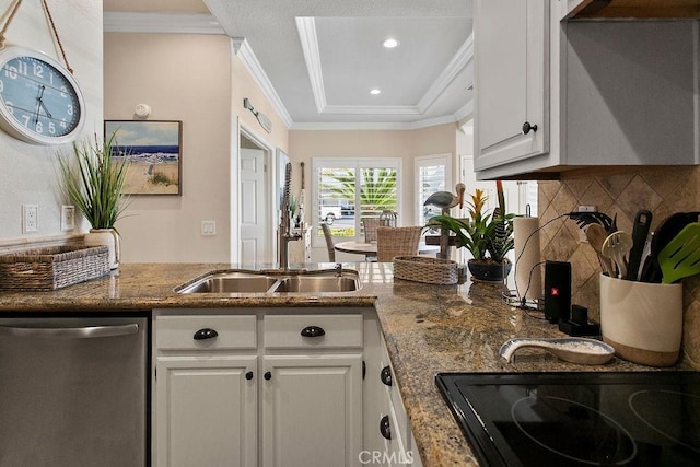 kitchen featuring dishwasher, stone counters, white cabinets, ornamental molding, and black cooktop