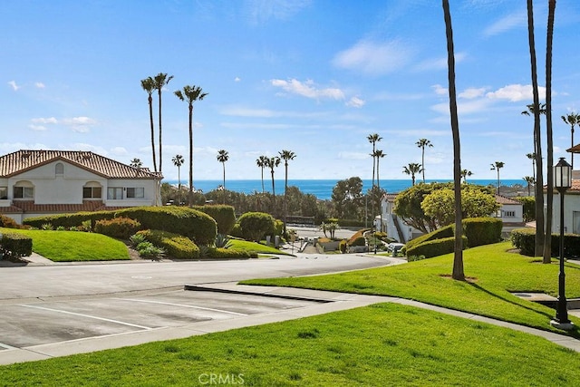 view of home's community with a water view and a yard