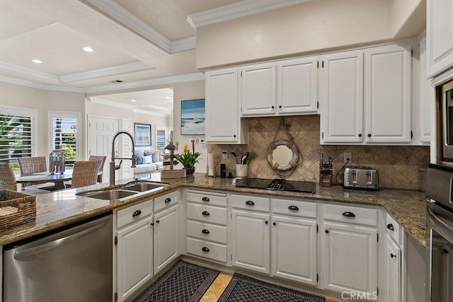 kitchen featuring kitchen peninsula, black electric stovetop, stainless steel dishwasher, sink, and white cabinetry