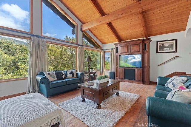 living room featuring beamed ceiling, high vaulted ceiling, wood ceiling, and dark hardwood / wood-style flooring