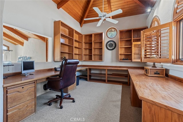 carpeted office featuring beam ceiling, built in desk, wooden ceiling, and ceiling fan