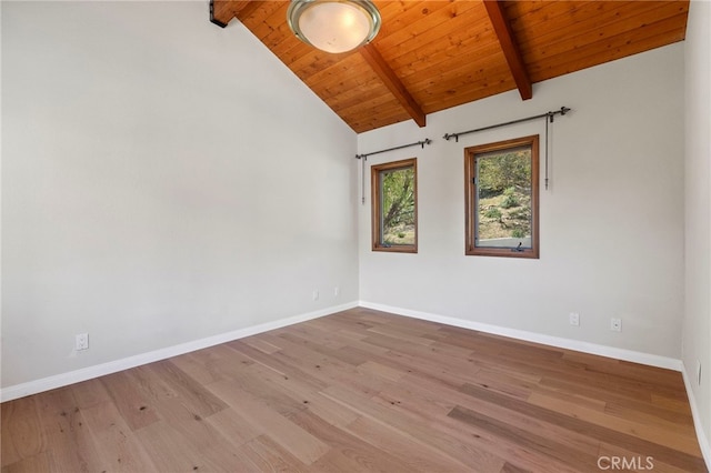 empty room featuring vaulted ceiling with beams, wooden ceiling, and light hardwood / wood-style floors