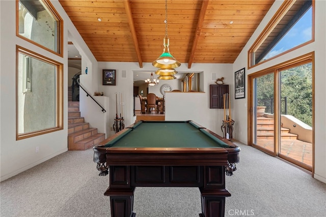 playroom with carpet flooring, beam ceiling, billiards, and wooden ceiling