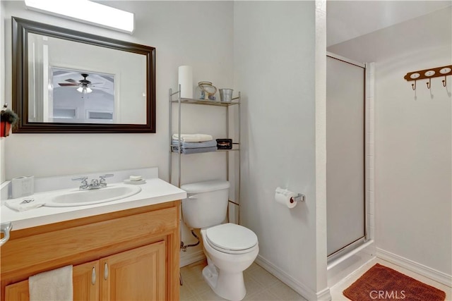 bathroom featuring ceiling fan, vanity, an enclosed shower, and toilet