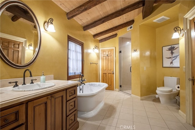 full bathroom featuring toilet, tile flooring, shower with separate bathtub, vanity, and lofted ceiling with beams