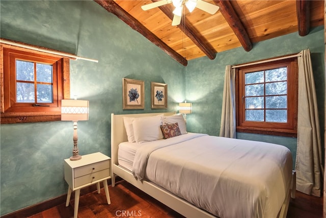 bedroom with wood ceiling, multiple windows, ceiling fan, and vaulted ceiling