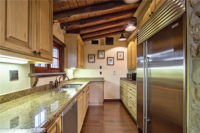 kitchen featuring dark wood-type flooring, light stone counters, stainless steel appliances, sink, and wood ceiling