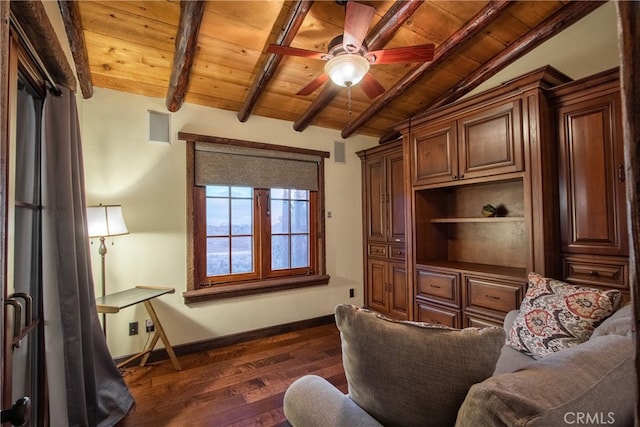 sitting room featuring dark hardwood / wood-style flooring, ceiling fan, vaulted ceiling with beams, and wood ceiling