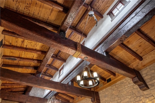 room details with beamed ceiling, a chandelier, and wooden ceiling