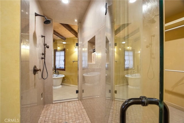 bathroom featuring tile flooring and separate shower and tub