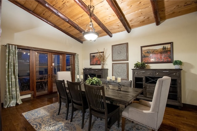 dining area with lofted ceiling with beams, dark hardwood / wood-style floors, wood ceiling, and french doors