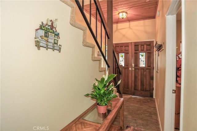 39802 Lakeview Dr Unit 12, Big Bear Lake, CA 92315 - foyer featuring wooden ceiling and stairway