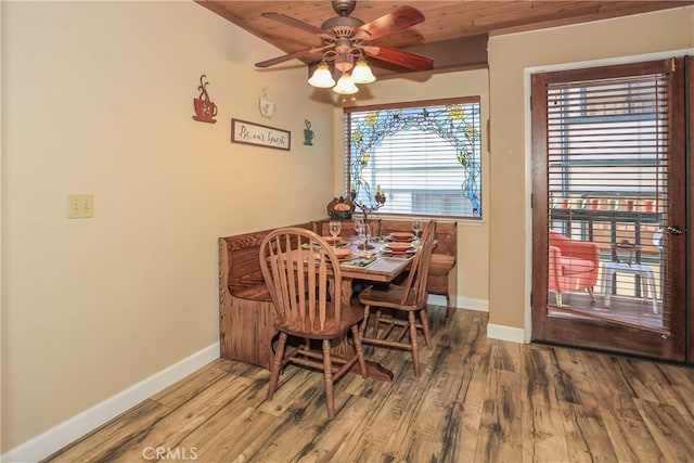 dining space featuring ceiling fan, wood ceiling, and hardwood / wood-style floors