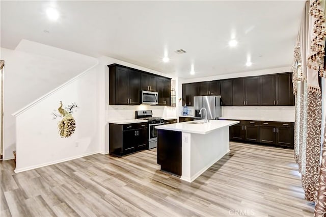 kitchen featuring stainless steel appliances, sink, light wood-type flooring, and an island with sink