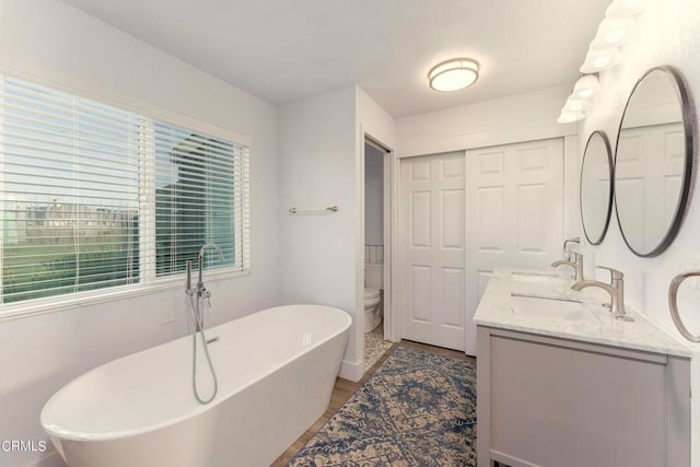 bathroom featuring toilet, vanity, and a bath