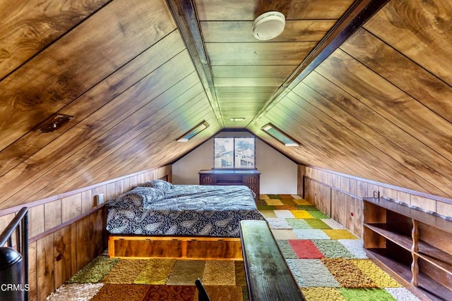 bedroom featuring wood ceiling, wood walls, and vaulted ceiling