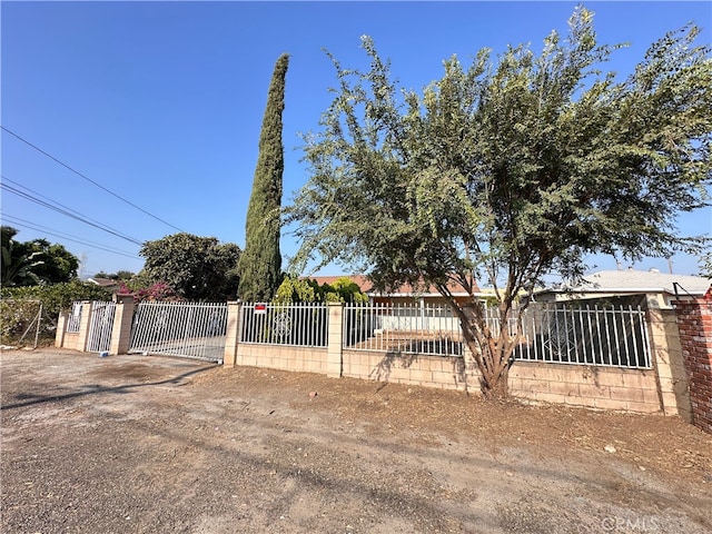 view of yard with a fenced front yard and a gate