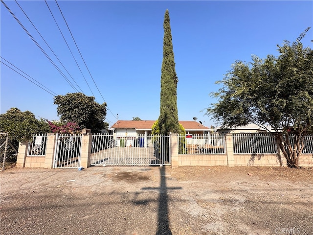 view of front facade with a fenced front yard and a gate