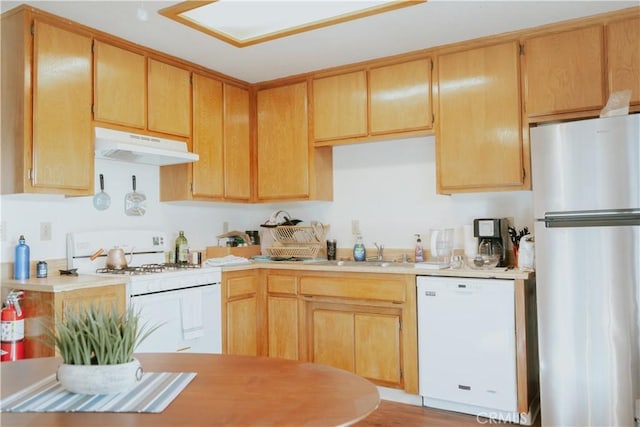 kitchen featuring under cabinet range hood, white appliances, light countertops, and a sink