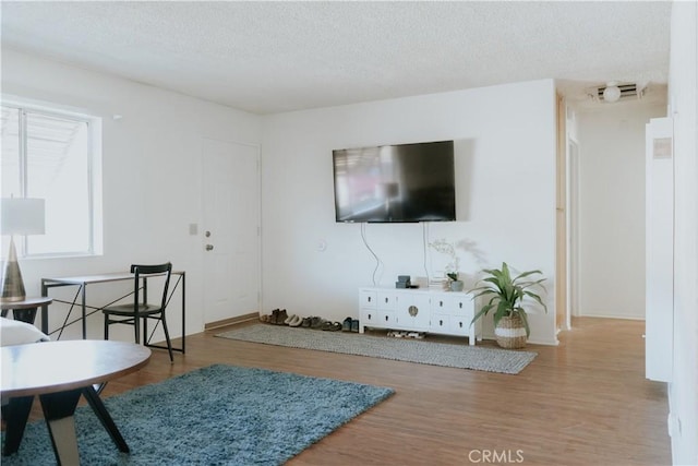 living room with wood-type flooring and a textured ceiling