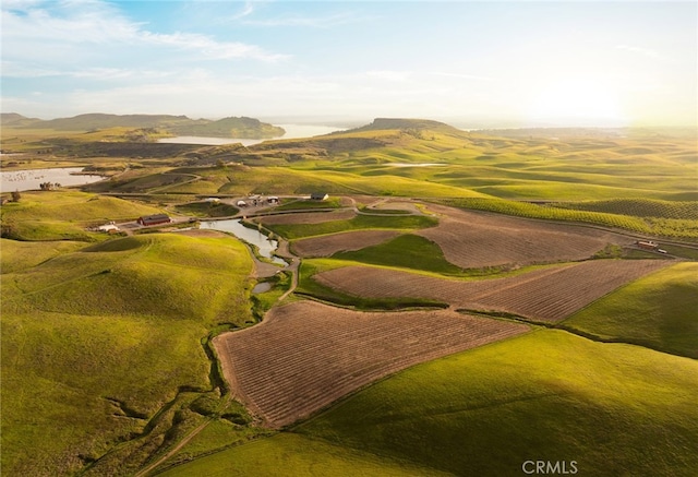 bird's eye view featuring a water and mountain view