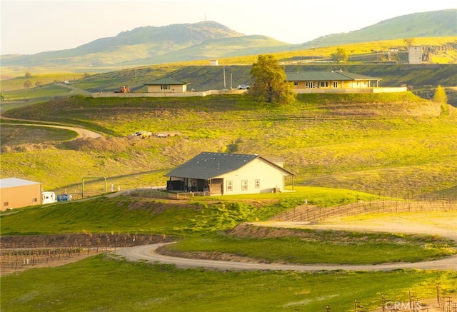 birds eye view of property with a rural view and a mountain view