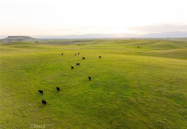 aerial view at dusk with a mountain view and a rural view