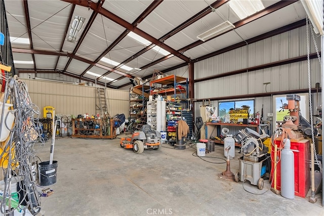 garage with a workshop area