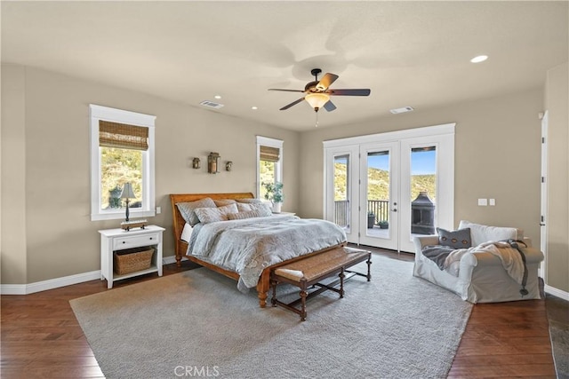 bedroom featuring ceiling fan, access to exterior, and dark hardwood / wood-style flooring