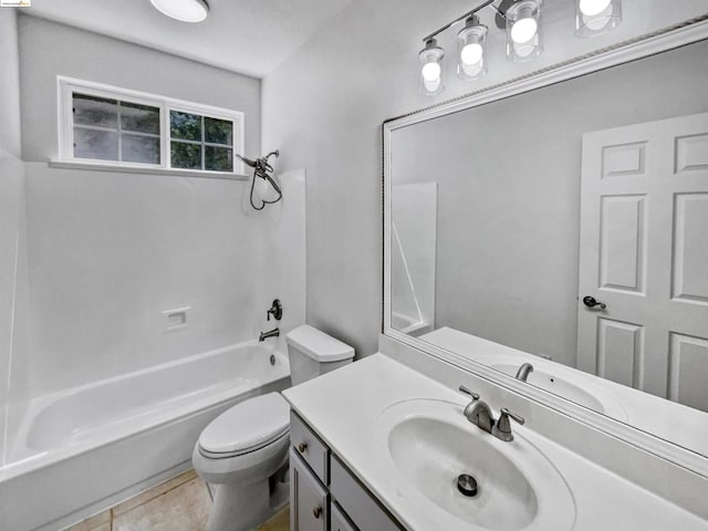 full bathroom with vanity, toilet, washtub / shower combination, and tile patterned flooring