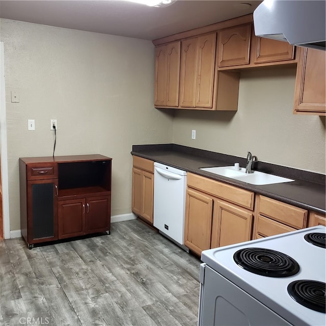 kitchen with white appliances, range hood, sink, and light wood-type flooring