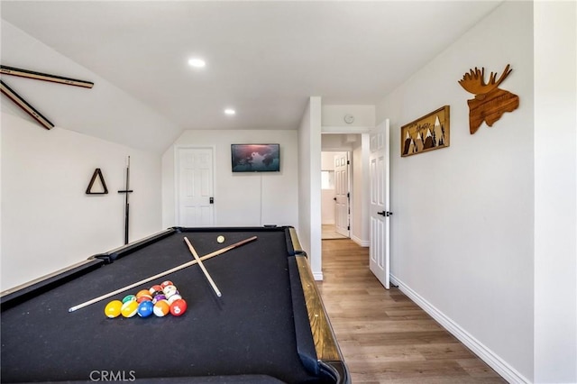 rec room with wood-type flooring, lofted ceiling, and billiards