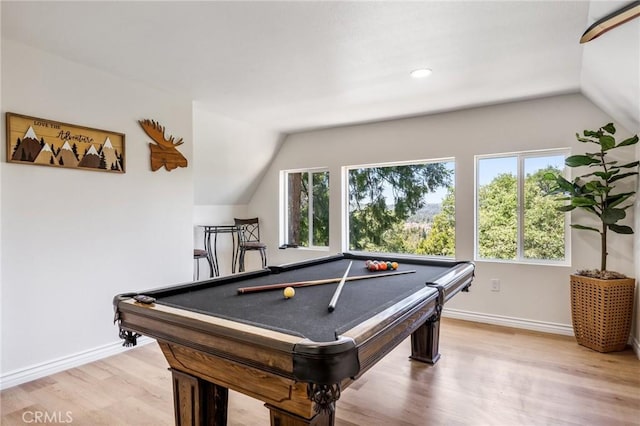 recreation room featuring hardwood / wood-style flooring, pool table, and vaulted ceiling