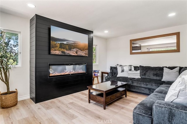 living room featuring light wood-type flooring, a large fireplace, and a healthy amount of sunlight