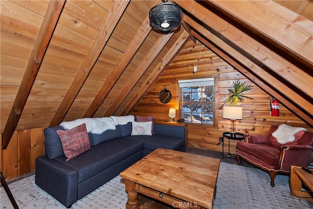 living room featuring vaulted ceiling with beams, wood walls, and wood ceiling