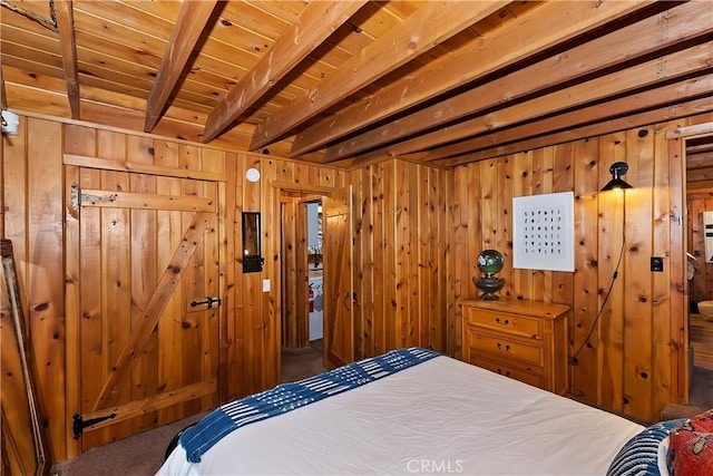 carpeted bedroom featuring wood walls, beam ceiling, and wooden ceiling