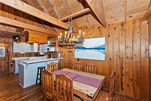 dining area featuring dark hardwood / wood-style flooring, wooden walls, wooden ceiling, a chandelier, and vaulted ceiling with beams