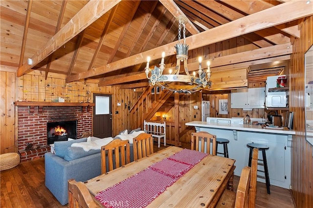 dining area featuring wooden ceiling, lofted ceiling with beams, wooden walls, a fireplace, and dark hardwood / wood-style flooring