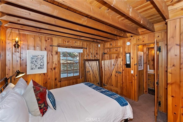 bedroom featuring wood walls, beam ceiling, wood ceiling, and carpet