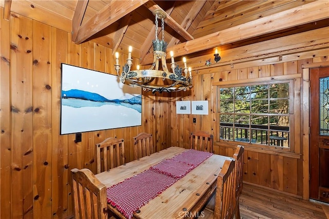 dining area featuring hardwood / wood-style floors, lofted ceiling with beams, wood walls, and wood ceiling