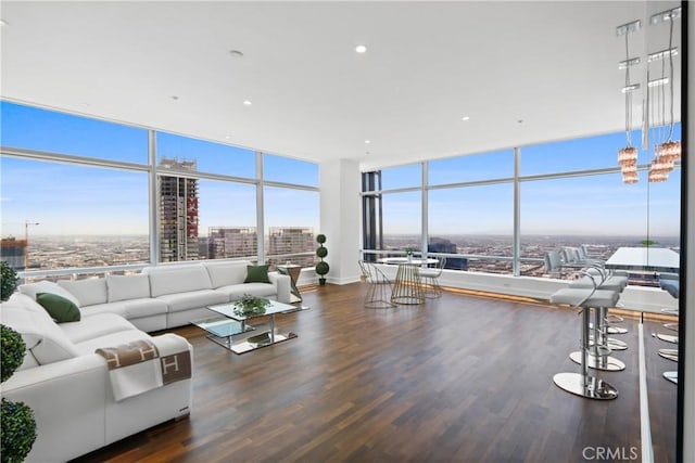 living room with a healthy amount of sunlight, dark hardwood / wood-style floors, and a wall of windows